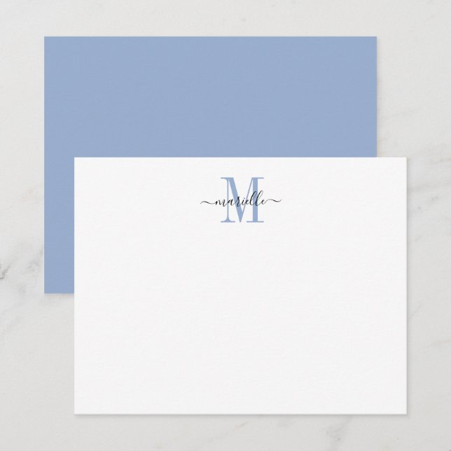 Modern Elegant Chic Skript Dusty Blue Monogram Anteckningskort (Fram/baksida)