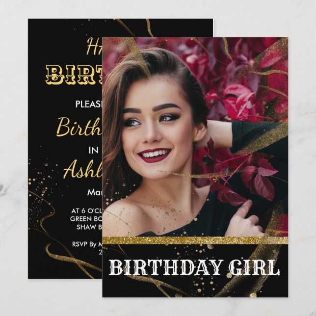 Modern elegant chic svart och guld söt 16 inbjudningar (Fram/baksida)