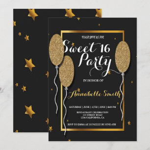 Modern elegant chic svart och guld söt 16 inbjudningar