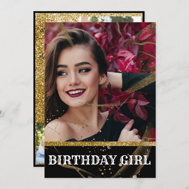 Modern elegant chic svart och guld söt 16 invita inbjudningar (Fram/baksida)