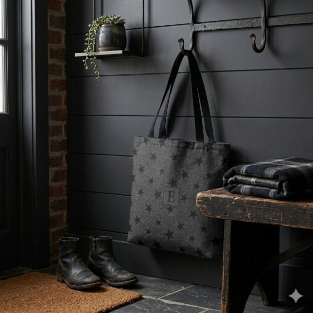 Modern Elegant Chic Svart Stjärnmönster Monogram Tygkasse (Skapare uppladdad)