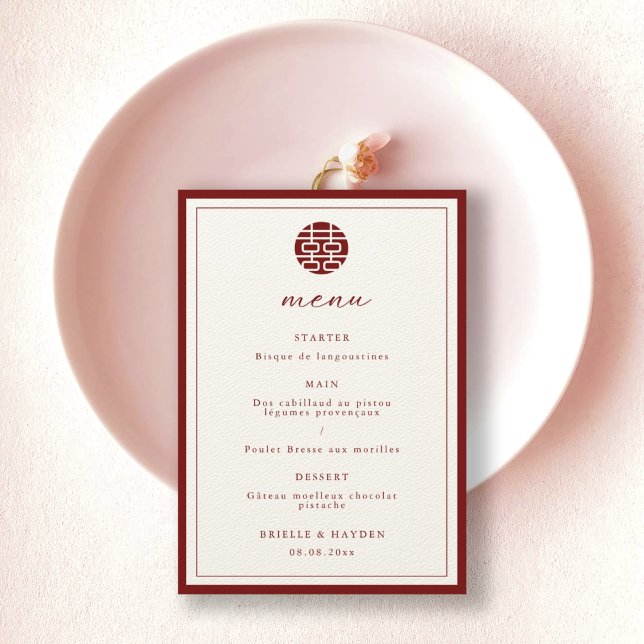 Modern Elegant China Bröllop Champagne Red Menu Inbjudningar (Skapare uppladdad)