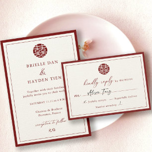 Modern Elegant China Bröllop Champagne Red OSA Inbjudningar