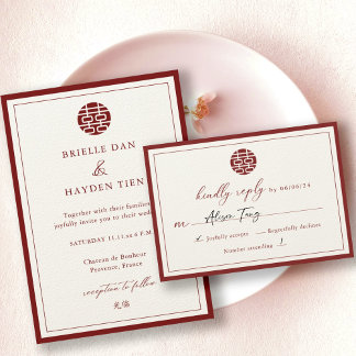 Modern Elegant China Bröllop Champagne Red OSA Inbjudningar