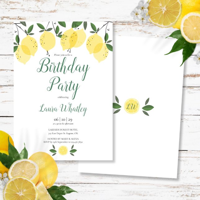 Modern Elegant Citron Blommig Födelsedagsfest Inbjudningar (Modern Elegant Lemons Floral Birthday Party Invitation)