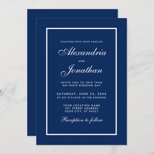 Modern Elegant Classic Blue Wedding-inbjudan Inbjudningar (Fram/baksida)