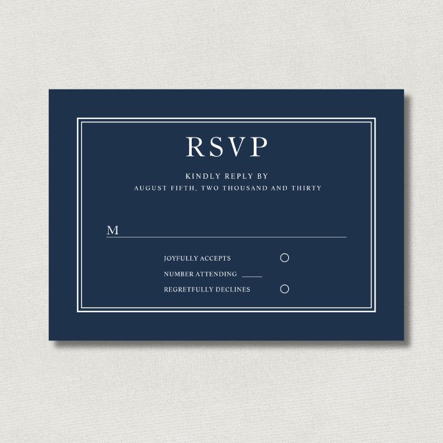Modern Elegant Classic Navy Blue Bröllop OSA Kort (Modern Elegant Classic Navy Blue Wedding RSVP Card)