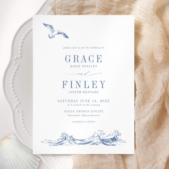 Modern Elegant Coastal Chic Blue Wedding Inbjudningar (Skapare uppladdad)
