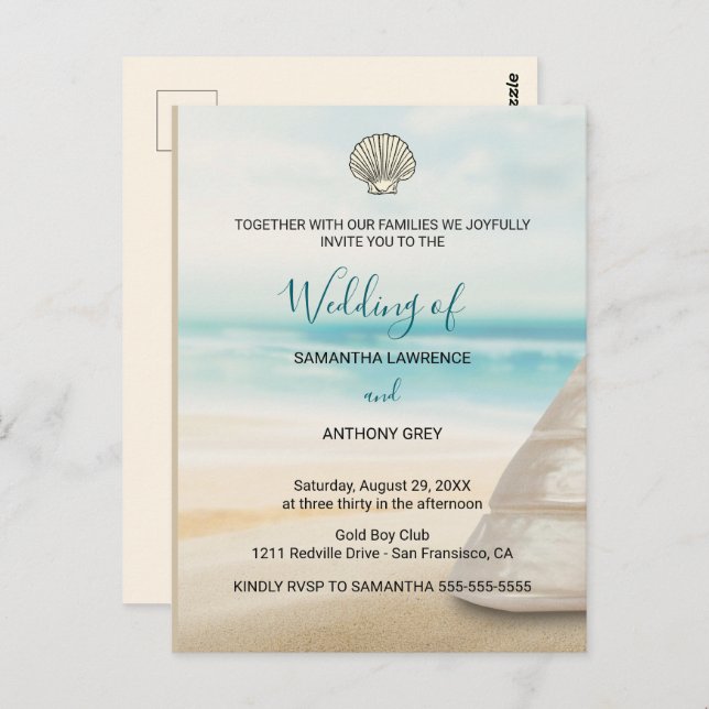 Modern Elegant Coastal Wedding Invitation Vykort (Fram/baksida)