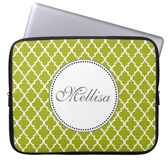 Modern, elegant, coola lime quatrefoil monogram laptop fodral (Framsidan)