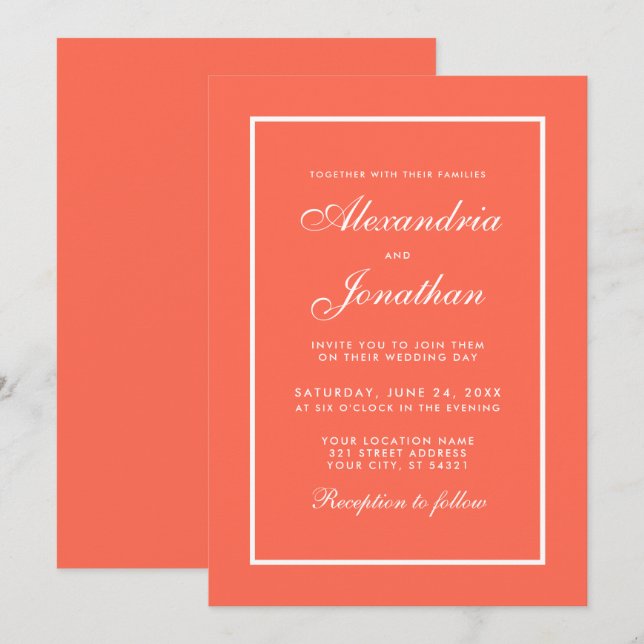 Modern Elegant Coral and White Wedding bjudande Inbjudningar (Fram/baksida)