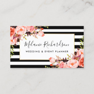 Modern Elegant Coral Blommigt Black Stripe Visitkort