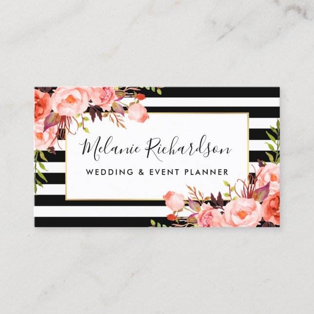 Modern Elegant Coral Blommigt Black Stripe Visitkort (Framsida)