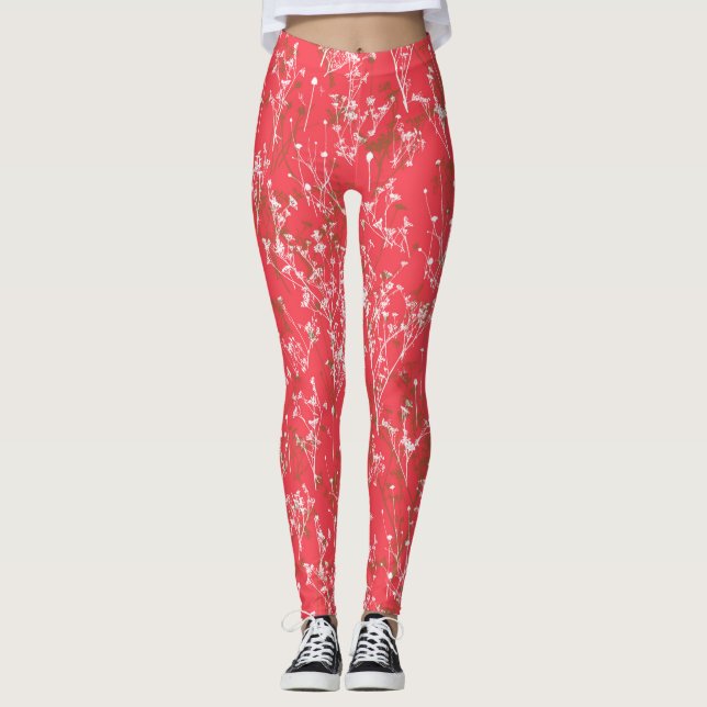 Modern Elegant Coral Red Wildblommings Leggings (Framsida)