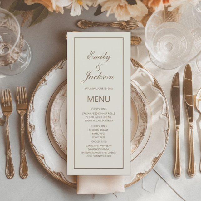 Modern Elegant Cream Brown Bröllop Menu Meny (Cream-colored wedding reception menu)