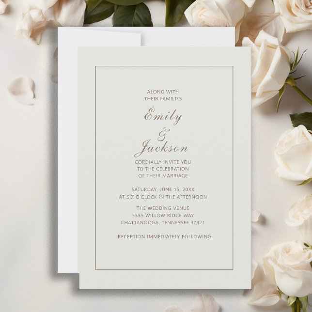 Modern Elegant Cream Brown bröllopsinbjudan Inbjudningar (Elegant cream-colored wedding invitation with beautiful calligraphy script.)