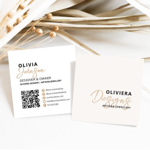 Modern Elegant Cream + Gult Script QR-kod Fyrkantigt Visitkort