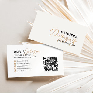 Modern Elegant Cream + Gult Typografi QR-kod Visitkort