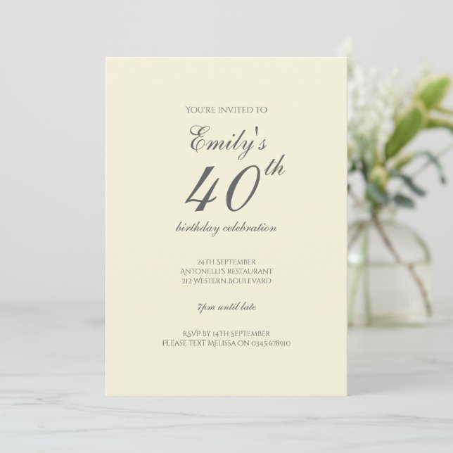 Modern Elegant Crème 40-års Födelsedagsfest Inbjudningar (Stående Fram)