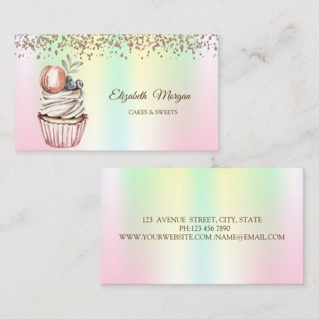 Modern Elegant Cupcake, Godis, Macaroon Holografis Visitkort (Fram/baksida)