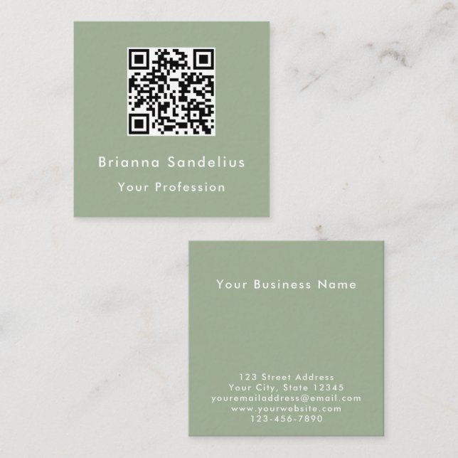 Modern Elegant Custom Sage Green QR Code Fyrkantigt Visitkort (Fram/baksida)