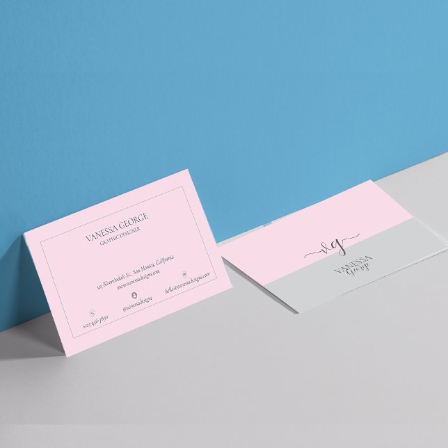 Modern Elegant Cute Rosa Grått Monogram Anpassning Visitkort (Modern Elegant Cute Pink Grey Monogram Custom Business Card)