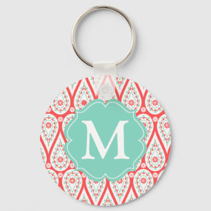 Modern Elegant Damask Coral Paisley Personlig Nyckelring