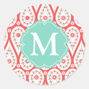 Modern Elegant Damask Coral Paisley Personlig Runt Klistermärke
