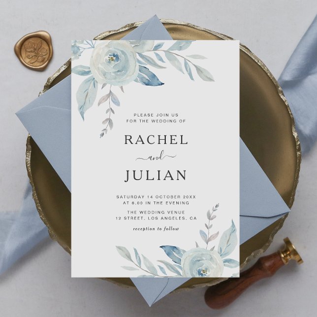 modern elegant dammig blå blommigt bröllop inbjudningar (Skapare uppladdad)