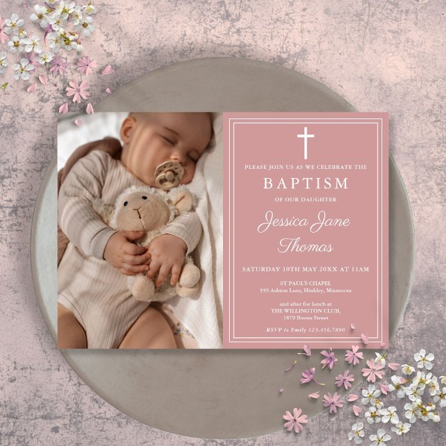 Modern Elegant Damrosa Rosa Dopning Fotografi Inbjudningar (Modern Elegant Dusty Rose Pink Photo Baptism Invitation)
