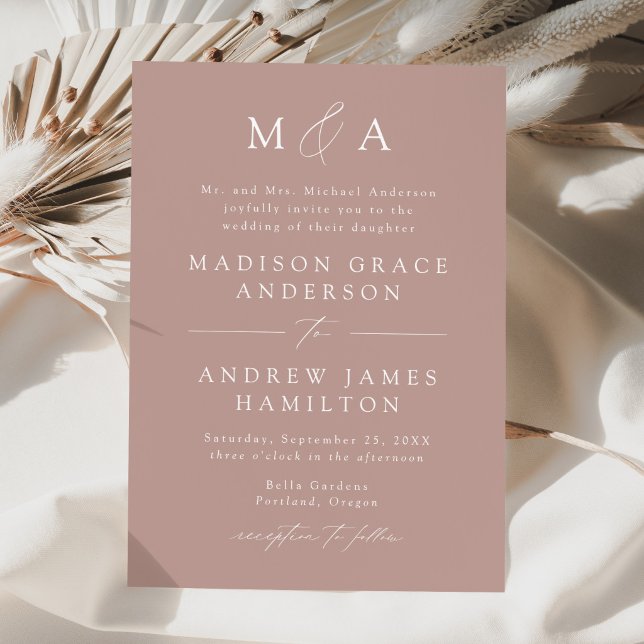 Modern Elegant Damroséfärgad Monogram Bröllop Inbjudningar (Skapare uppladdad)
