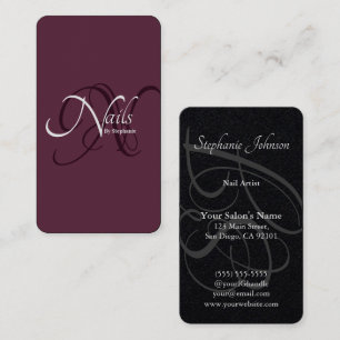 Modern Elegant Deep Plum Monogram Nail Artist Visitkort