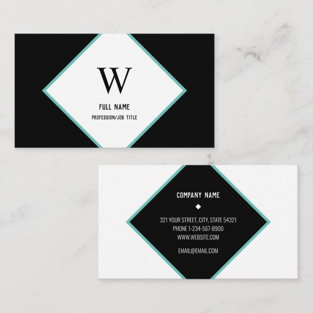 Modern Elegant Diamant Professionell Svart Teal Visitkort (Fram/baksida)