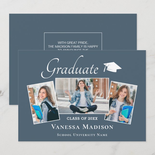 Modern | Elegant Dusty Blue 3 Photo Studenten Meddelande (Fram/baksida)