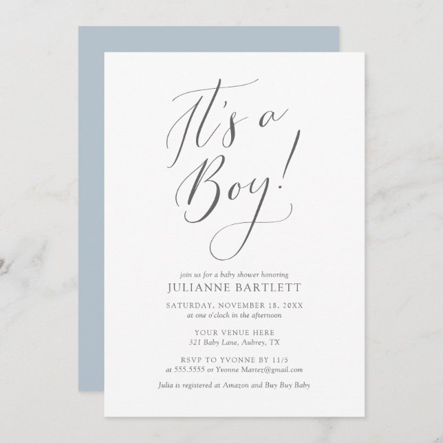 Modern Elegant Dusty Blue är en pojkvän. Inbjudningar (Fram/baksida)