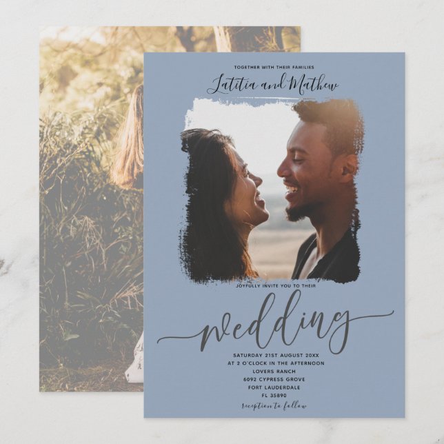 Modern Elegant Dusty Blue-foto bröllop Inbjudningar (Fram/baksida)