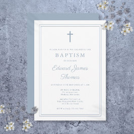 Modern Elegant Dusty Blue Gräns Baptism Inbjudningar