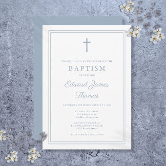 Modern Elegant Dusty Blue Gräns Baptism Inbjudningar