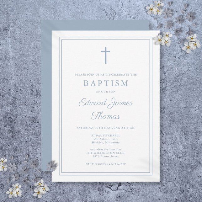 Modern Elegant Dusty Blue Gräns Baptism Inbjudningar (Modern Elegant Dusty Blue Border Baptism Invitation)