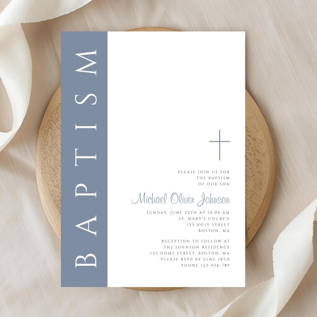 Modern Elegant Dusty Blue Kor Baptism Inbjudningar (Modern Elegant Dusty Blue Cross Baptism Invitation)