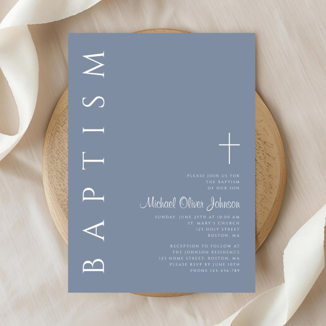 Modern Elegant Dusty Blue Kor Baptism Inbjudningar (Modern Elegant Dusty Blue Cross Baptism Invitation)
