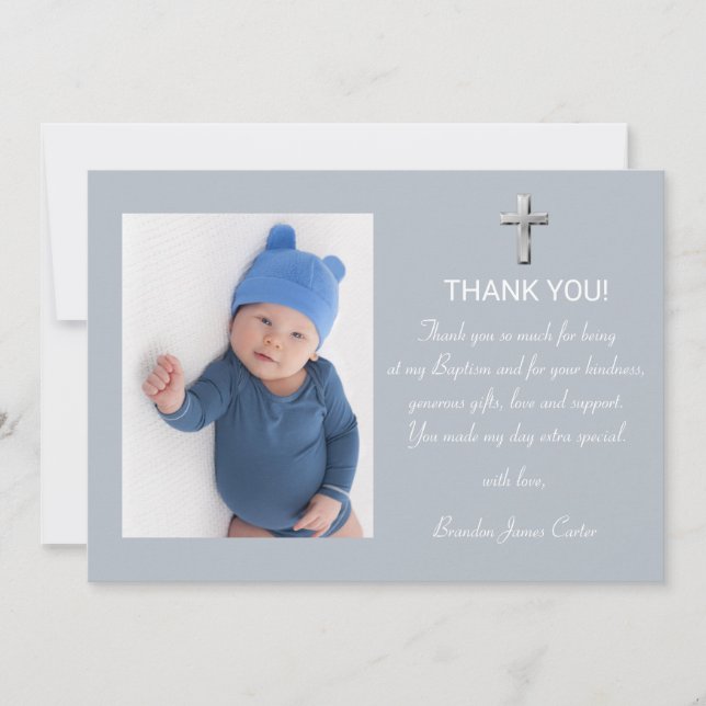 Modern Elegant Dusty Blue Kor Boy Baptism Tack Kort (Framsida)