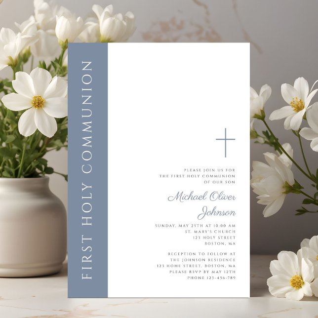 Modern Elegant Dusty Blue Kor First Communion Inbjudningar (Modern Elegant Dusty Blue Cross First Communion Invitation)