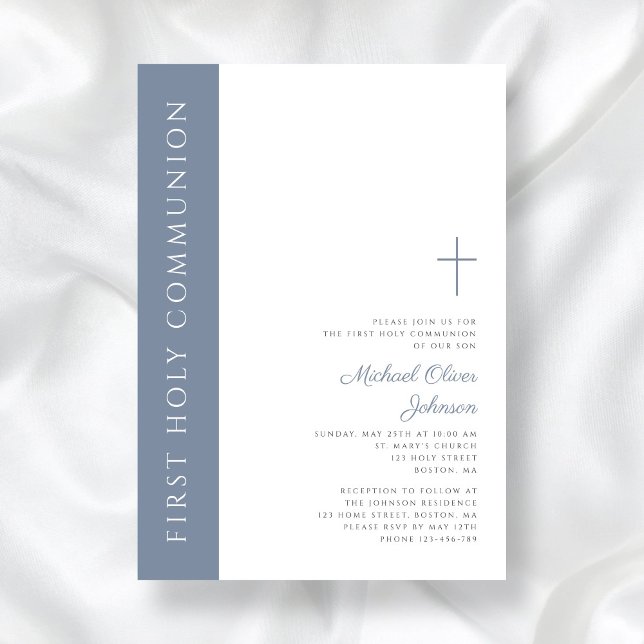 Modern Elegant Dusty Blue Kor First Communion Inbjudningar (Modern Elegant Dusty Blue Cross First Communion Invitation)