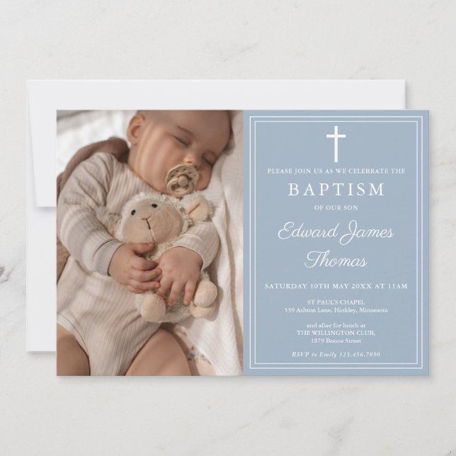 Modern Elegant Dusty Blue Photo Baptism Inbjudningar (Framsida)