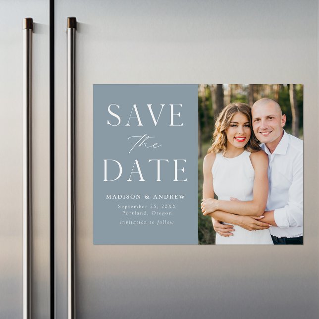 Modern Elegant Dusty Blue Photo Save Date Magnetisk Inbjudningskort (Skapare uppladdad)