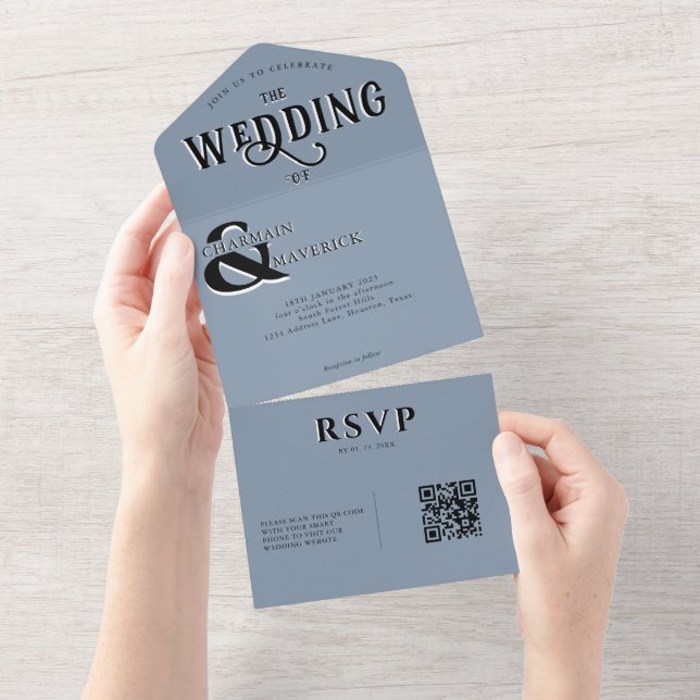 Modern Elegant Dusty Blue QR Code Bröllop (Avrivbar del)
