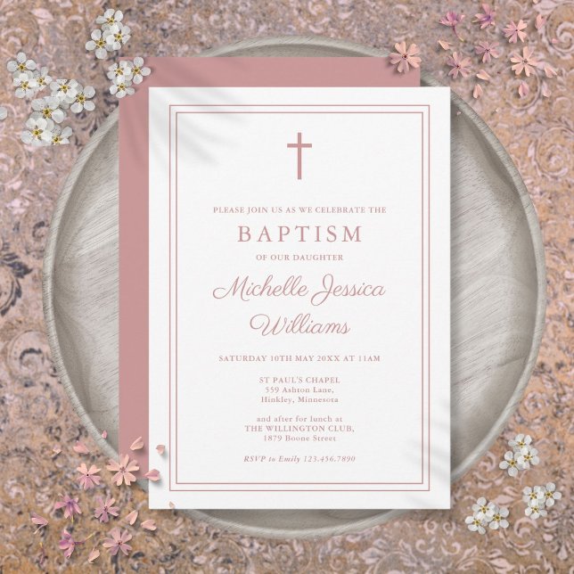 Modern Elegant Dusty Ro Rosa Gräns Baptism Inbjudningar (Modern Elegant Dusty Rose Pink Border Baptism Invitation)