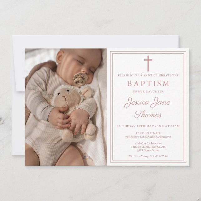 Modern Elegant Dusty Rose Pink Photo Baptism Inbjudningar (Framsida)