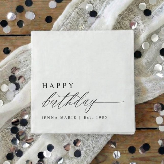Modern Elegant Enkel Glad Födelsedag Skrift Pappersservett (Black and white personalized happy birthday script party napkins)